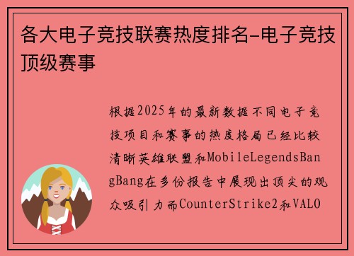 各大电子竞技联赛热度排名-电子竞技顶级赛事